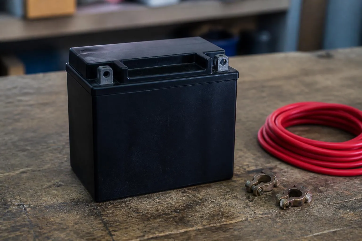 Petite batterie de moto en boîtier noir posée sur un établi, à côté de deux cosses et d'un câble rouge