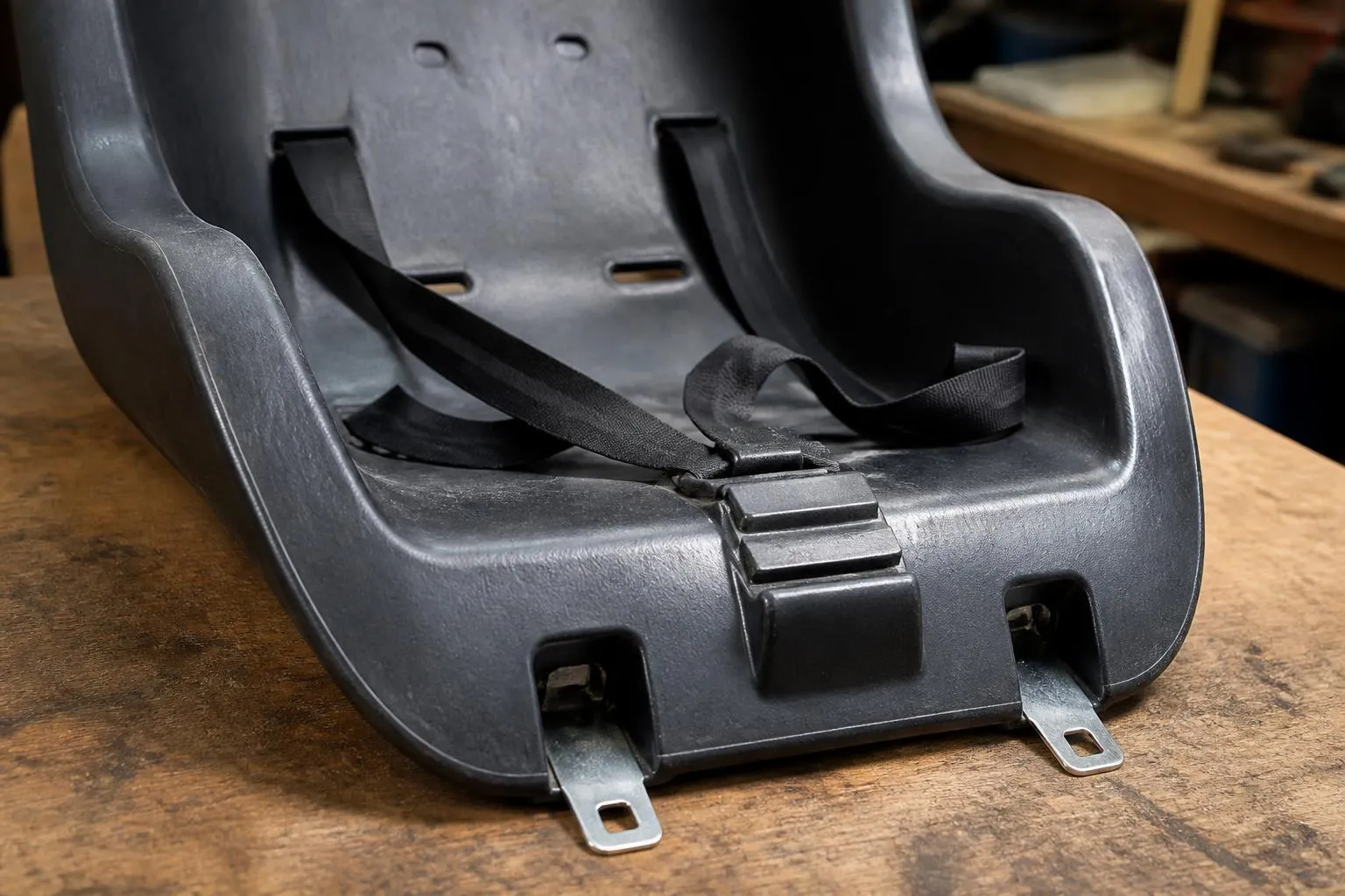 Coque de siège auto retournée sur un établi, sangles de harnais détendues et attaches métalliques sorties de la base